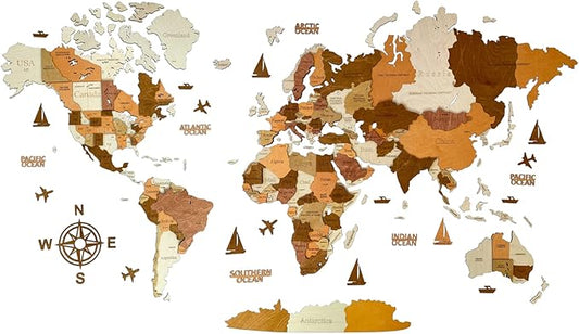 Wooden World Map 3D Art Large Wall Decor - Size (M, L, XL) Any Occasion Gift Idea - Wall Art For Home, Kitchen or Office