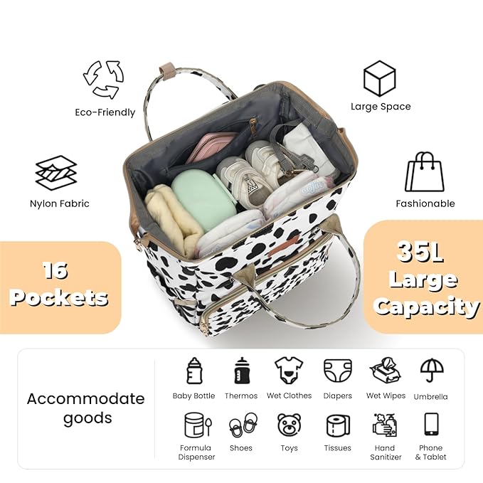 Diaper Bag Backpack with Changing Pad, Pacifier Case, Baby Bag for Boy Girl Toddler - Large, Stylish, Waterproof Travel Quilted Diaper Bag for Mom - Baby Shower Registry - Cow