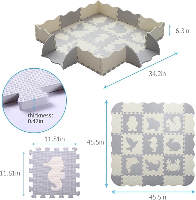 Foam Play Mat for Kids，25Pcs Square Interlocking Puzzle Floor Mat，Baby Play Mat Floor Mat Foam Puzzle Playmat for Toddlers with Fence（Animal-CSH039