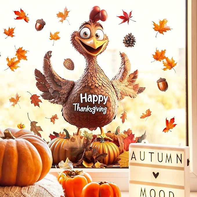 1 Sheet Thanksgiving Window Clings Decor Autumn Maple Leaf Cartoon Turkey Design Double-Sided Fall Window Stickers Happy Thanksgiving clings for Glass Windows Holiday Party DIY Supplies