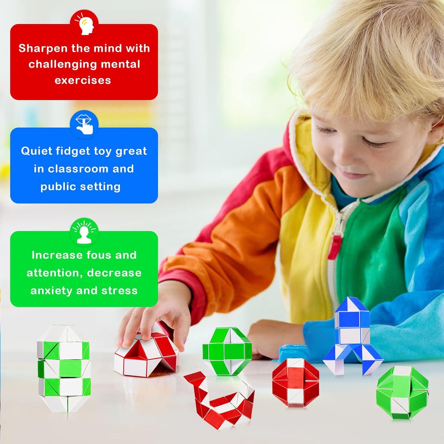 60 Pack Sensory Fidget Snake Cube 24 Blocks Twist Puzzles Toys Mini Snake Fidget Toy for Kids Teens Party Bag Fillers Party Favors