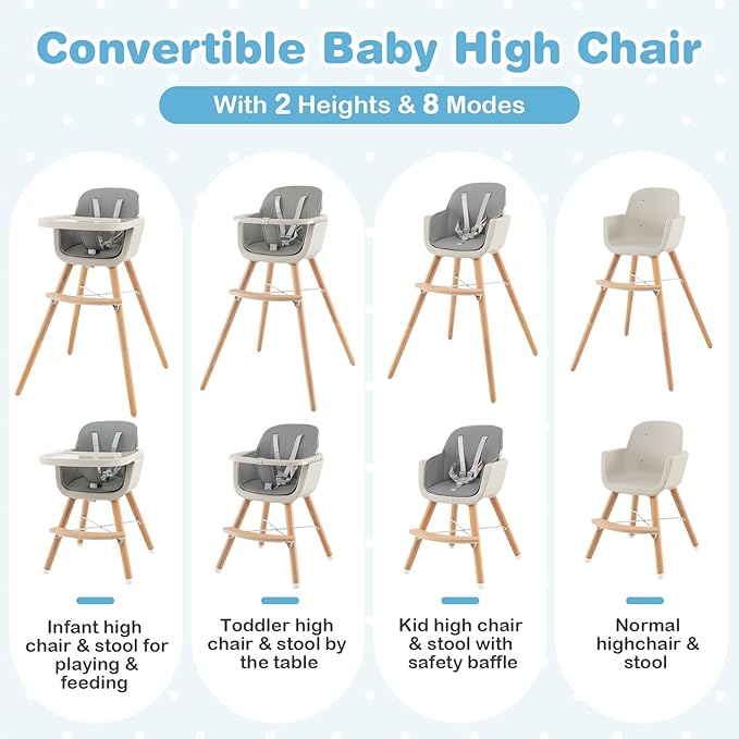 HONEY JOY High Chair, 3-in-1 Eat & Grow Wooden Highchair/Toddler Chair with Removable Tray, 5-Point Harness, PU Cushion and Footrest for Baby, High Chair for Babies and Toddlers(Gray)