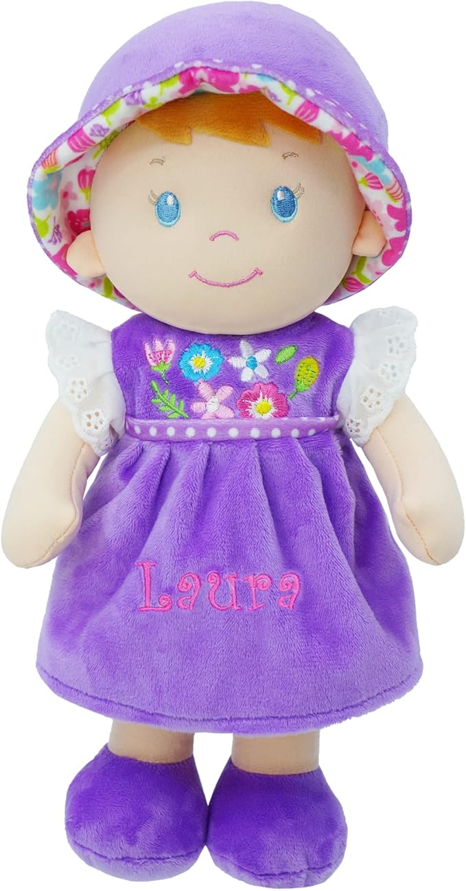 June Garden Personalized Soft Dolly Laura - Stuffed Soft Baby Doll for Birth and Up with Custom Name - Purple Dress - 13"