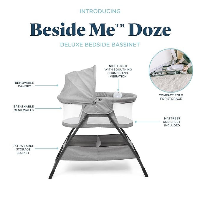 Baby Delight Beside Me Doze Deluxe Baby Bassinet, Bedside Sleeper, Foldable, Removeable Canopy, Pebble Grey