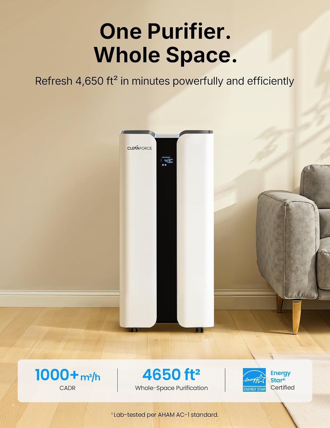 CleanForce Extra large Air Purifier for home large room, covers 3000 ft², H13 True HEPA Filter, Filters 99.97% Dust, Smoke, Odor, Pollen, VOCs, for home, office, classroom | MEGA1000 New Edition