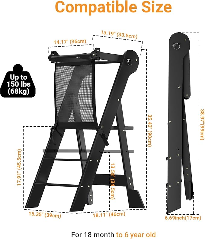 COSYLAND Foldable Toddler Kitchen Stool Helper - Height Adjustable Standing Tower for Bathroom Sink or Kitchen Counter - Step Stool for Toddlers Ages 18 Months to 6 Years Black