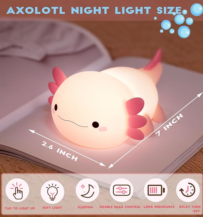 Axolotl Night Light for Kids,Cute Axolotl lamp Gifts Rechargeable light Table Lamp Bedside Lamp,LED Animal Silicone Nursery Night Lamp Cute Room Decor Night Light for Kids Girls Boys