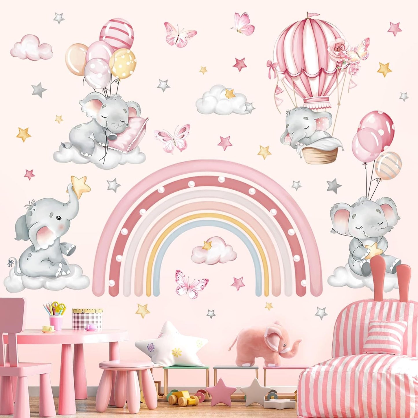 decalmile Pink Rainbow Elephant Wall Stickers Hot Air Balloon Animals Clouds Stars Wall Decals Baby Nursery Kids Bedroom Daycare Wall Decor