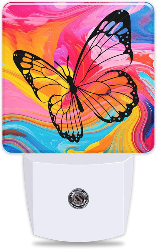 Butterfly Night Light Colorful Marble Plug in Night Lights LED Lamp with Dusk to Dawn Sensor Auto Energy Saving Square Lights for Bedroom Bathroom Hallway Home Wall Decor Nightlight