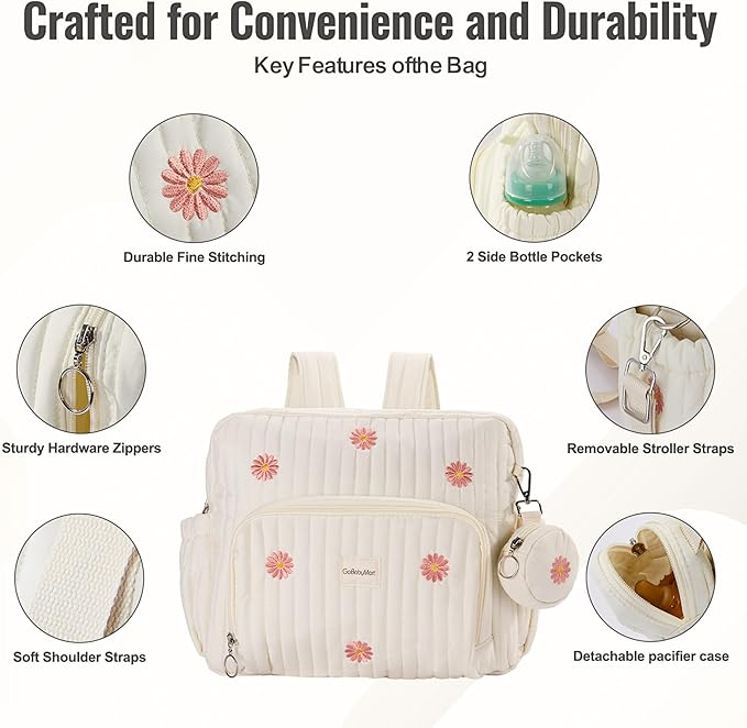 Diaper Bag Backpack, Medium Maternity baby bag & Changing Pad, Insulated Pockets, Stroller Straps & Pacifier Case (Medium - Beige Flowers)