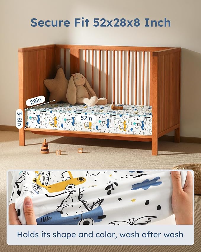 Baby Crib Sheets for Boys Girls, 28x52x8in Fitted Crib Sheet Neutral 3 Pack for Standard Crib and Toddler Mattress, Breathable Soft Microfiber Baby Sheet Grey & Blue Car