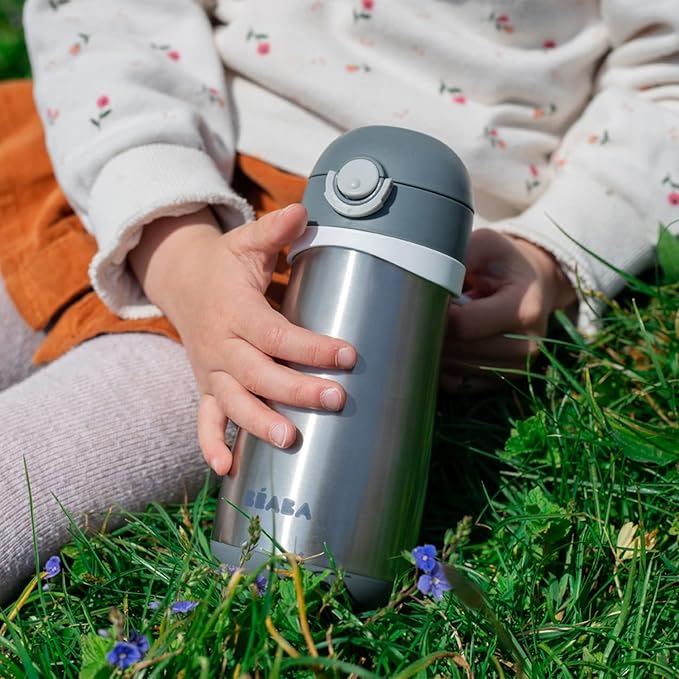 BEABA Kids Stainless Steel Insulated Water Bottle, Kids Water Bottle, Toddler Thermos with Spill Proof Spout and Close Top, Perfect for Travel, (Charcoal)