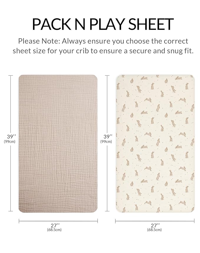 Pack and Play Sheets for Baby Boy and Girl 2 Pack, Neutral Muslin Cotton Pack N Play Mattresses Sheet 27"x39", Muslin Nursery Bedding Soft and Breathable Comfort (Hopping Bunnies & Beige)