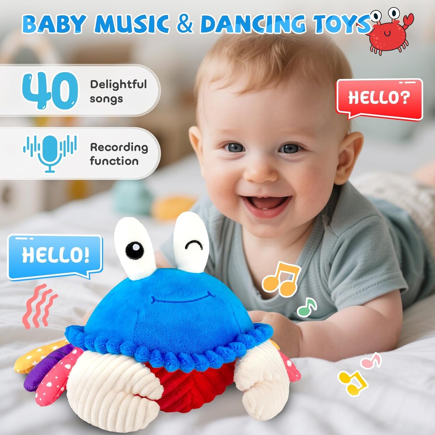 Baby Toys 12-18 Months, Musical Crawling Crab Plush Toy - 40 Songs & Recording Feature, Dancing Walking Moving Bouncing Tummy Time Toy, Sensory Toys for Toddlers 1-3, Birthday Gifts for Infants