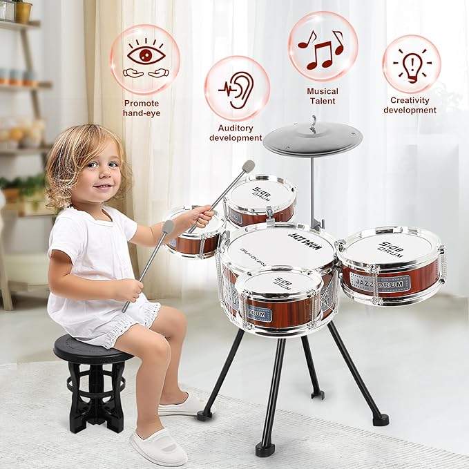 Kids Drum Set, 8 PCS Drum Set for Toddlers 1-3, Kids Jazz Drums Ages 5-7 Musical Instruments Toys for Beginner Boys Girls Gifts -Red