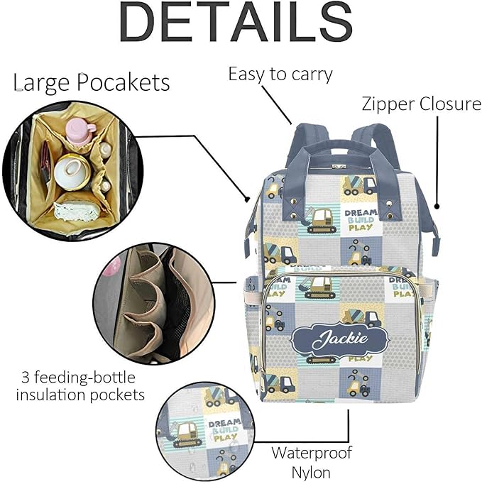 Custom Construction Baby Diaper Bag with Name – Personalized Nursing Travel Tote Backpack for Mom or Dad, Custom Name Baby Daypack Gift
