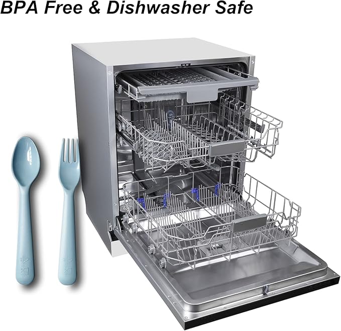 12 Pcs Plastic Toddler Utensils Set 6 Kids Forks and 6 Kids Spoons BPA Free/Dishwasher Safe Toddler Silverware Brightly Colored Kid Plastic Cutlery Set-Blue