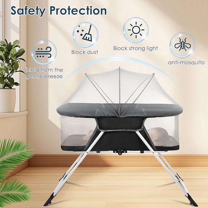 Portable Baby Playard - Foldable Baby Bassinet, Lightweight Playpen with Mosquito Net, 42.5 x 40.2 x 20.8 inches, Black