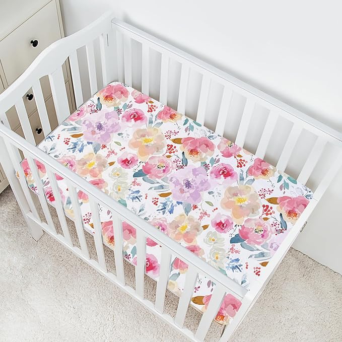 AMROSE 3 Pack Soft Mini Crib Sheets, Microfiber Pack N Play Sheets Set for Baby Girls, Silk Touch Gentle, Fitted for Playard Portable Mini Crib Mattress, Happy Garden