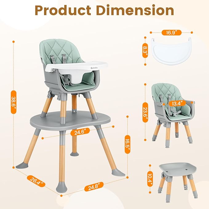 Ezebaby Convertible Baby High Chair with Table & Seat, 8-in-1 Adjustable Toddler Feeding Chair, Multi-Stage Infant to Kid Dining Booster Seat with Safety Harness, Easy to Clean & Sturdy Design(Green)