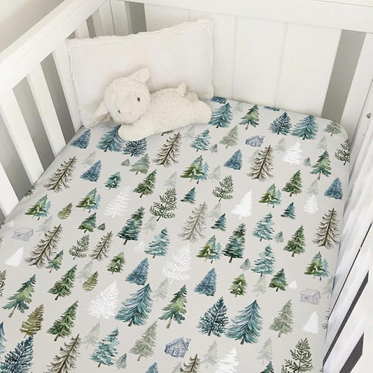Boho Green Trees Baby Crib Sheet 52''x28'' Retro Pine Trees Stretchy Fitted Crib Mattress Cover for Boy Girl Winter Holiday Soft Baby Bed Sheets for Standard Crib and Toddler Mattresses