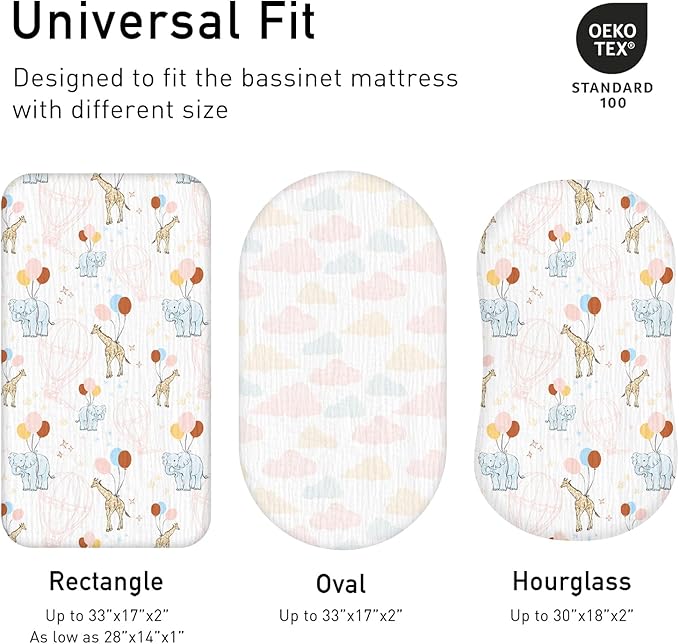 Muslin Bassinet Fitted Sheets, 2 Pack for Baby Boy and Girl, Soft Breathable Baby Pad/Mattress Sheet, Fit for Hourglass Oval and Rectangle Bassinet Mattress (Cute Animals)
