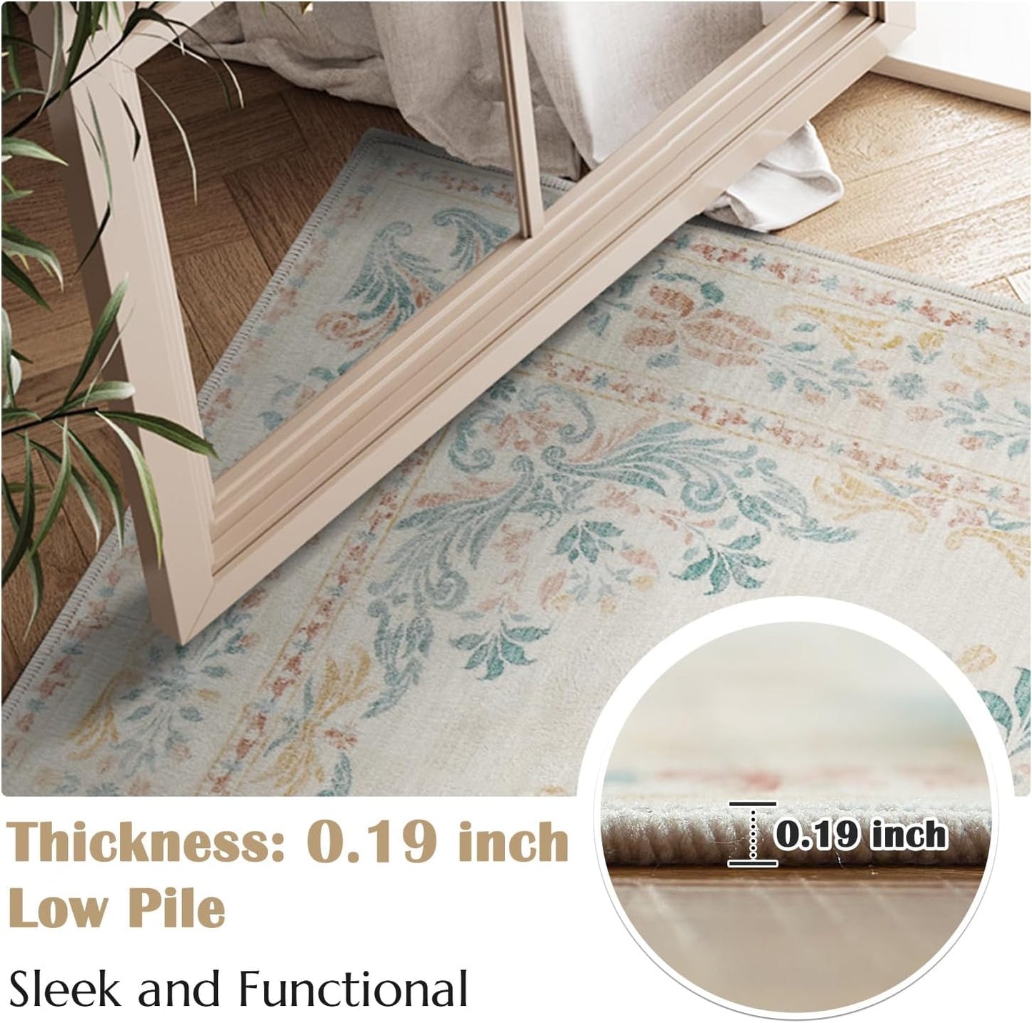 jinchan Vintage Floral Runner Rug 2x6 - Machine Washable Distressed Design Non-Slip Low-Pile Soft Thin Carpet for Hallway Kitchen Farmhouse Bedroom Entryway Laundry Room (2x6ft,Apricot Multi)