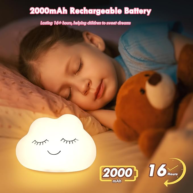 Night Light for Kids, 7 Colors Soft Silicone Kids Night Light with 3 Level Dimmable, Rechargeable Anti-glare Nursery Night Light with Warm White & Multicolor, Squishy Cute Cloud Bedside Touch Lamp