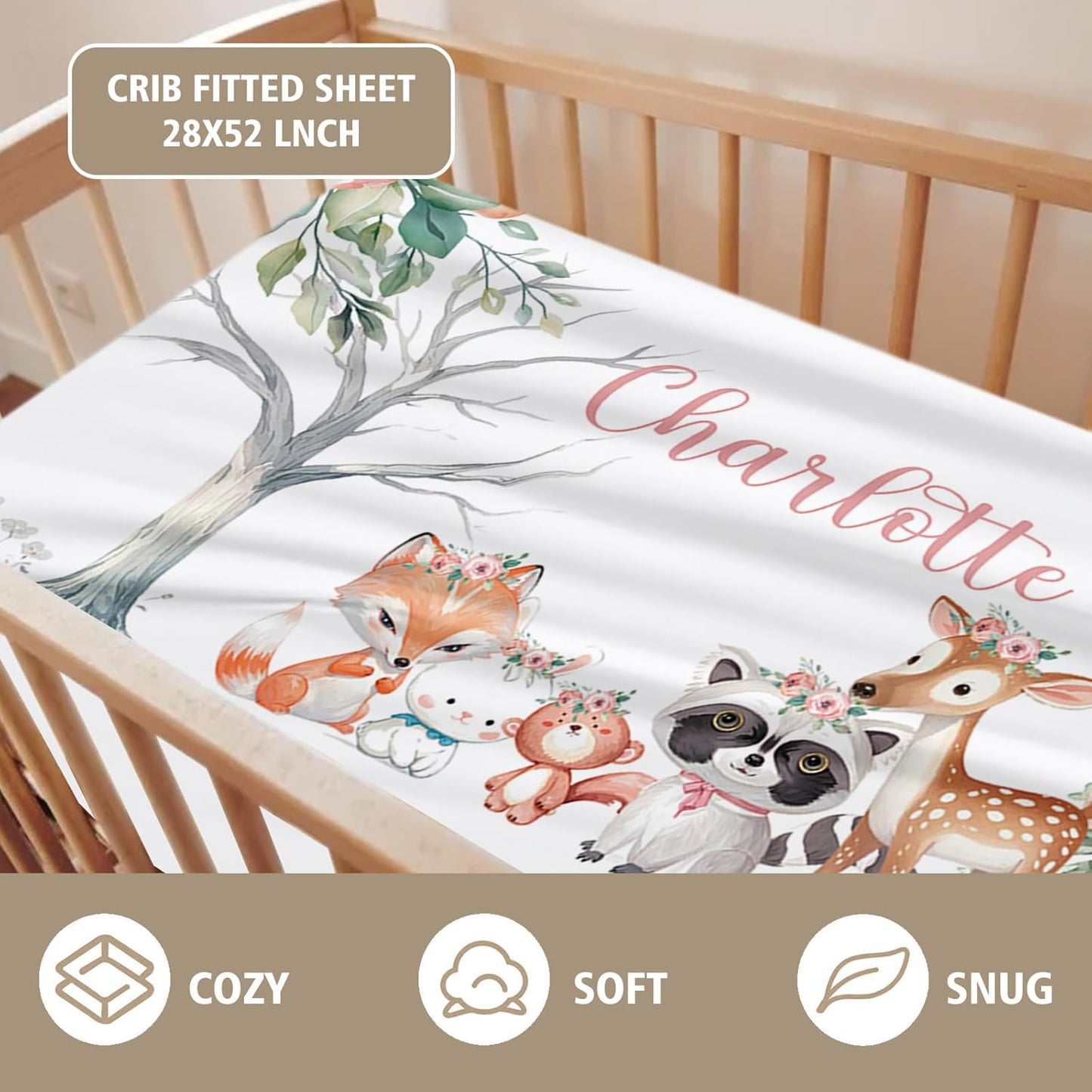 Custom Name Crib Bedding Set - Sika Deer & Fox Pattern, Personalized Nursery Bedding 3-Piece Set– Soft Blanket, Fitted Sheet, Changing Pad Cover – for Newborns Girls Nursery Gifts