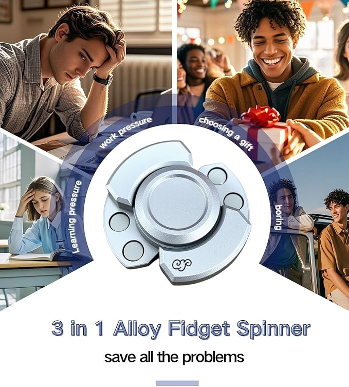 3-in-1 Alloy Fidget Toys Adults - Fidget Spinner,Clicker,Slider Modes,Ultra-Silent,High-Speed Rotation,3-Minute Spin Time,Compact Stress Relief Toy for Adult(Silver)