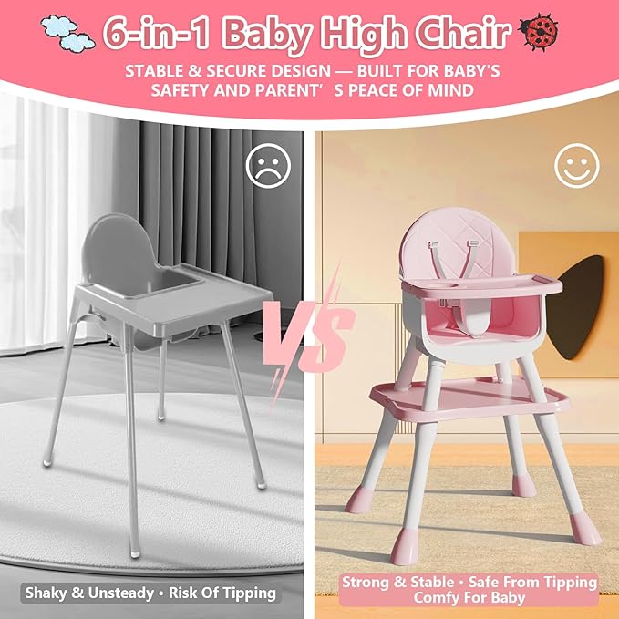 6 in 1 Baby High Chair for Babies and Toddlers, Booster Seat, Kids Learning Table & Chair (Pink)