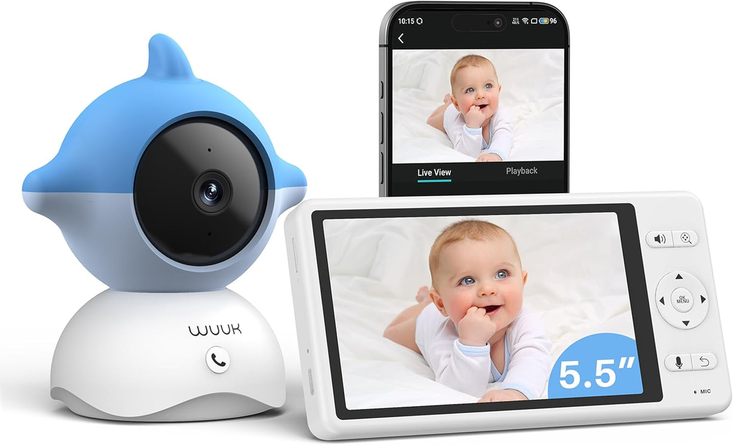 WUUK 2K Video Baby Monitor, 5.5'' Baby Monitor with 360 PTZ Color Display with 135° Wide Angle, 3700mAh Battery, Ultra-clear Night Vision, Baby camera with App, Temper & Humidity Sensor, Cry Detection