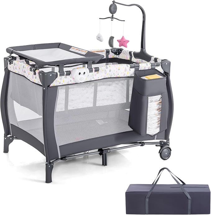 HONEY JOY Pack and Play, 3 in 1 Portable Baby Playard with Bassinet, Changing Table, Lockable Wheels, Music Box, Foldable Travel Baby Crib Nursery Center from Newborn to Toddler (Water Drop Gray)