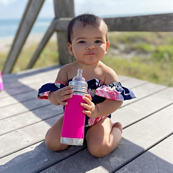 Pura Kiki 9oz/275ml Stainless Steel Infant Bottle w/Sleeve, Anti-Colic, Medical-Grade Silicone, Medium-Flow Nipple, for Babies 3 Months & Up (Moss)