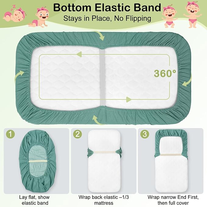 Baby Bassinet Sheets TPU Waterproof 2 Pack Soft Muslin Bedside Bassinet Mattress Sheets with Bottom Elastic Band for Baby Boy Girls Unisex Fit Hourglass Oval and Rectangle, Green Ivory