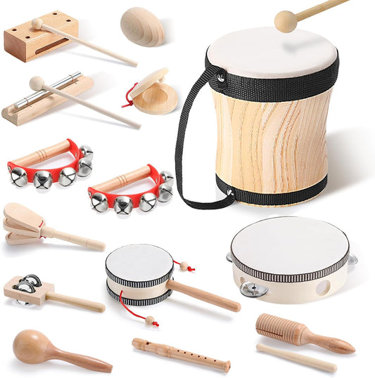 Chumia Toddler Musical Instruments Set 13 Pcs Montessori Wooden Percussion Instruments with Drum Preschool Educational Baby Early Learning Music Toys Set for Little Boys Girls Kids Children Gifts
