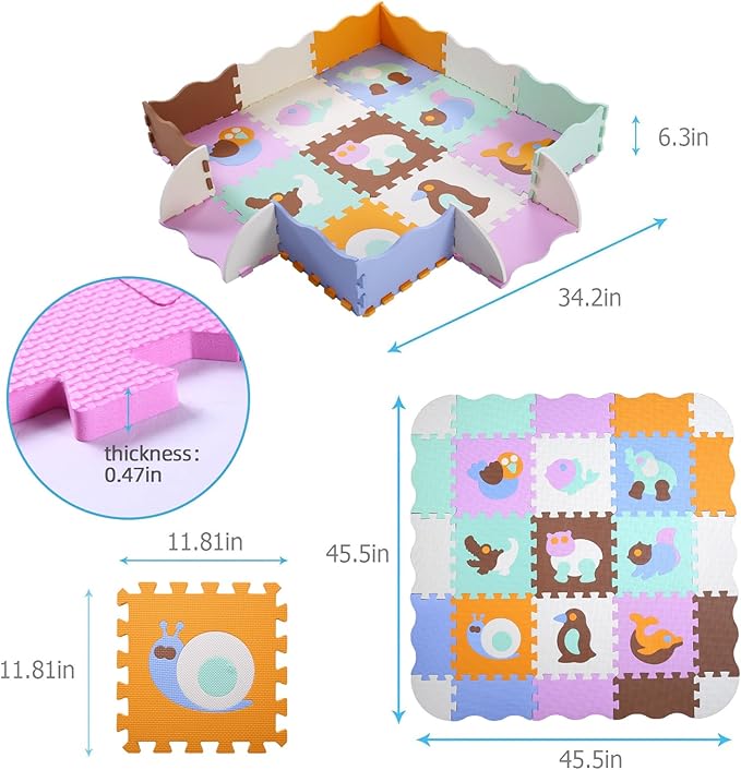 Foam Play Mat for Kids，25Pcs Square Interlocking Puzzle Floor Mat，Baby Play Mat Floor Mat Foam Puzzle Playmat for Toddlers with Fence（Animal-CSH007