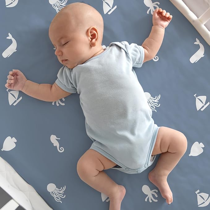 Nap Mat Sheet 47"x24", 3 Pack Blue Ocean Sailor Baby Crib Sheets Fitted Elastic Corners, Preschool Day Care Rest Mat Cover, Soft Breathable - Compatible with Regalo My Cot, Joovy Travel Cot