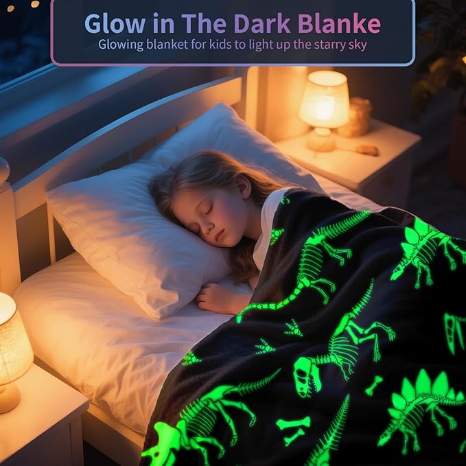 TEHALK Dinosaur Glow in The Dark Blanket for Boys/Girls/Toddler/Baby, Dinosaur Toys for Boy Age 3-12, Cute Funny Kids Throw Blanket for Birthday/Gifts 40"x 60"