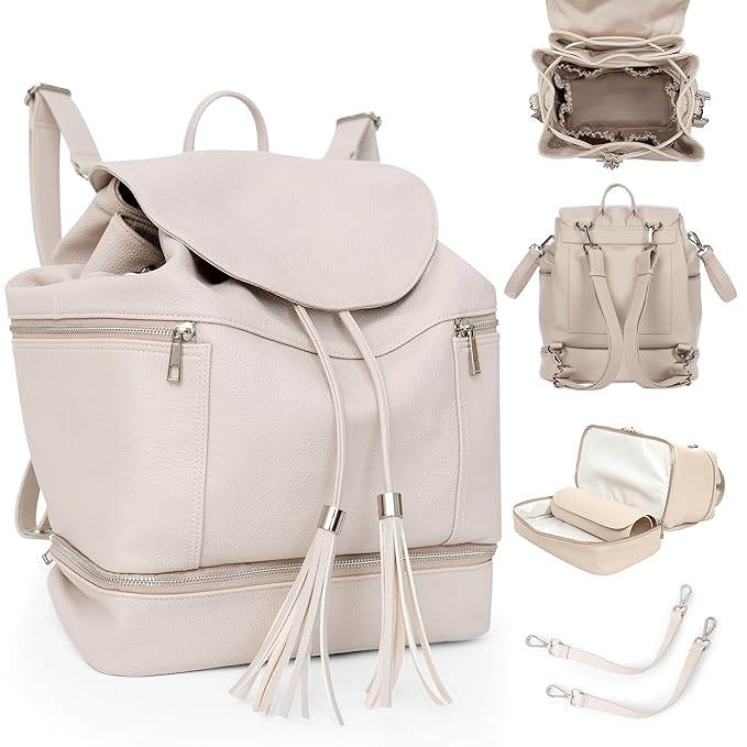 Citi Collective Journey Pearl Vegan Leather Diaper Bag Backpack | Elegant, Multifunctional, Travel Diaper Bag with Changing Pad, Stroller Straps & Insulated Bottle Pockets.