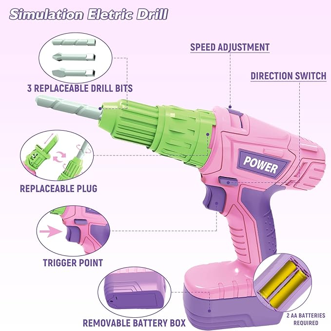 Kids Tool Set, Pink Toy Tool Set for Girls with Electric Drill, Hammer, Planer, Working Vest, Accessories and Storage Box, Construction Pretend STEM Toy Tool Kit for Toddlers Age 3 Years and Up