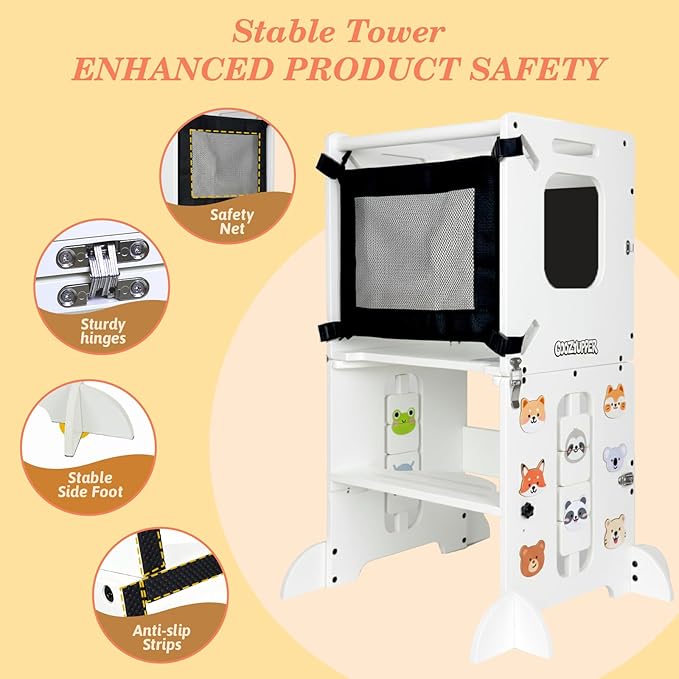 Toddler Kitchen Stool Helper, CPC Certified Foldable Toddler Tower, Learning Wooden Tower with Support Feet and Chalkboard, Anti-Drop Structure, Safe Design for Kids, White