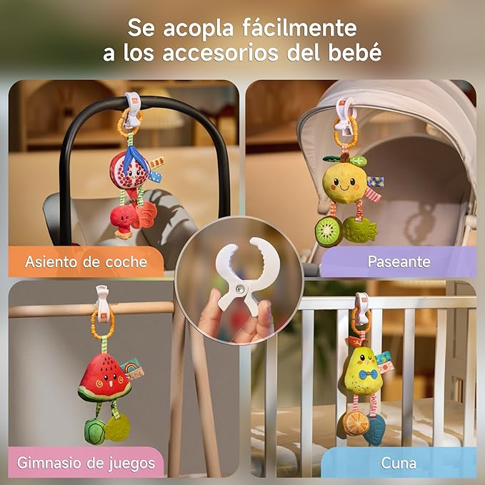 TUMAMA Hanging Toys for Baby Gym, 4 Pack Fruit Crib Stroller Baby Gym Mobile Plush Toys with Teether, Hanging Rattle Toys, Car Seat Toys for Babies 0-6 Months Boy