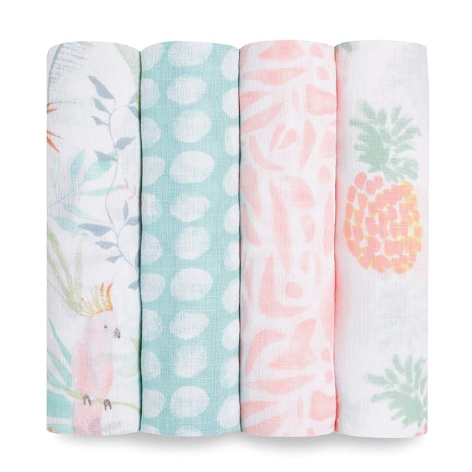 aden + anais Essentials Swaddle Blanket, Boutique Muslin Blankets for Girls & Boys, Baby Receiving Swaddles, Ideal Newborn & Infant Swaddling Set, Perfect Shower Gifts, 4 Pack, Tropicalia
