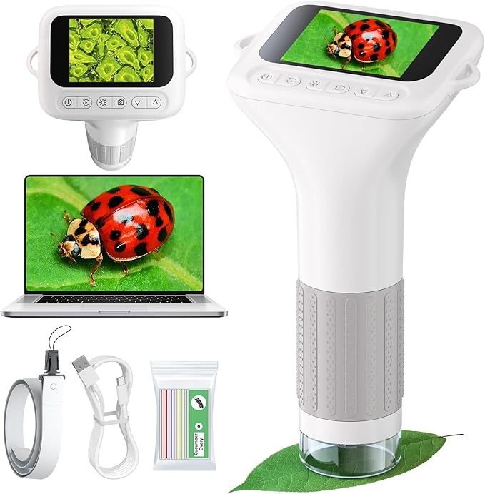 Microscope for Kids with 12 Slides, 100X-1000X 1080P Digital Handheld Kids Microscope, Mini Portable Pocket Miniscope Science Toys Gifts for 3+ 4 5 6 7 8 9 10 11 12 Year Old Boys Girls, White