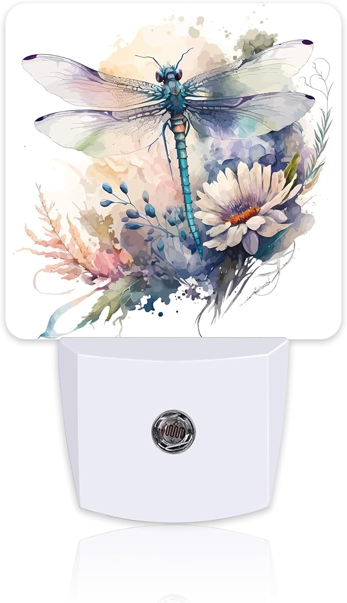 Watercolor Dragonfly Flowers Night Light, Vintage Insect Botanical Floral Leaves Dusk to Dawn Night Light Plug in,0.5w Energy Saving Sleep Friendly NightLight for Kids Boys Girls Home Decor