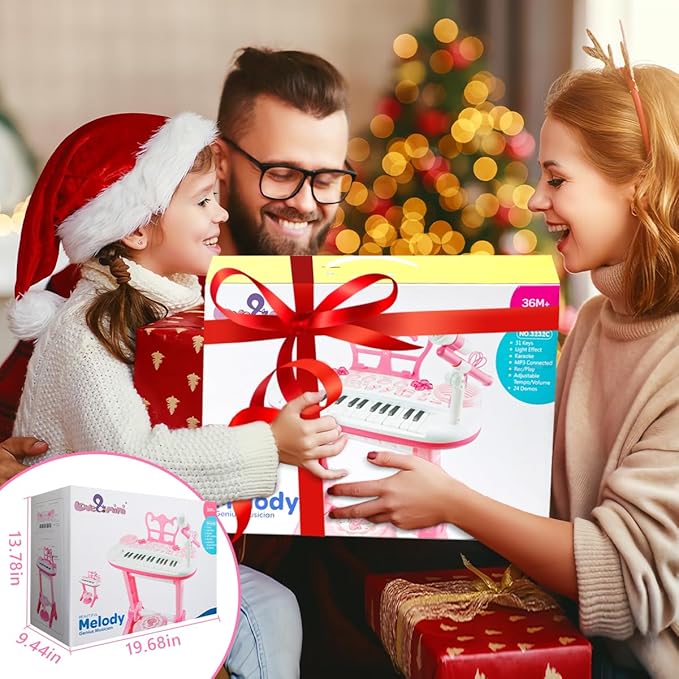 31-Key Rose Pink Kids Piano Toy Keyboard with Bench - Portable Electronic Multi-Functional Music Instrument with Microphone, Ideal Christmas & Birthday Gift for Girls & Kids Aged 3-5 Years Old