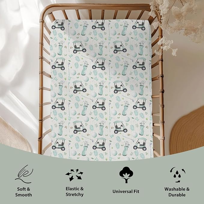 Golf Baby Crib Sheets for Boy Girl 28"x52" Sports Golfing Soft Stretchy Fitted Crib Mattress Cover Golf Lovers Gift Nursery Baby Sheet for Standard Crib and Toddler Bed Mattress Green