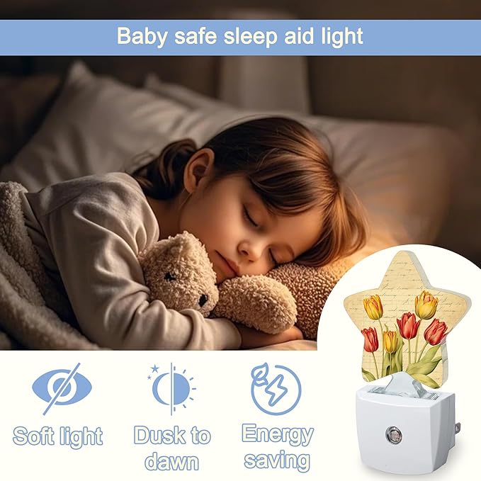Vintage Tulips Nightlight,Spring Flowers Star Night Lights Plug into Wall Decorations for Bedroom Bathroom,Dusk to Dawn Sensor Kitchen Hallway Stairs Energy Efficient Desk Lamp