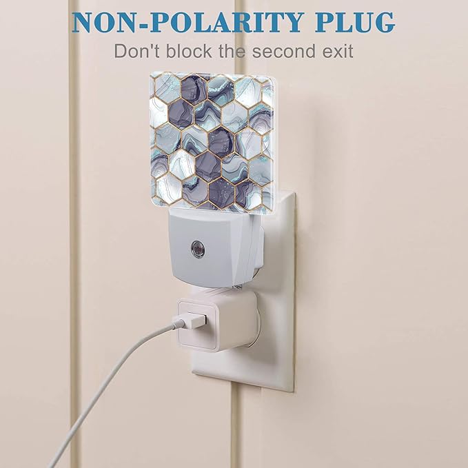 Hexagon Golden Blue Marble Night Light Plug into Wall with Dusk to Dawn Sensor Cute Nightlight for Kid Girls Boys Women Men Room Decor, Hallway, Kitchen, Bathroom, Nursery, Stairs